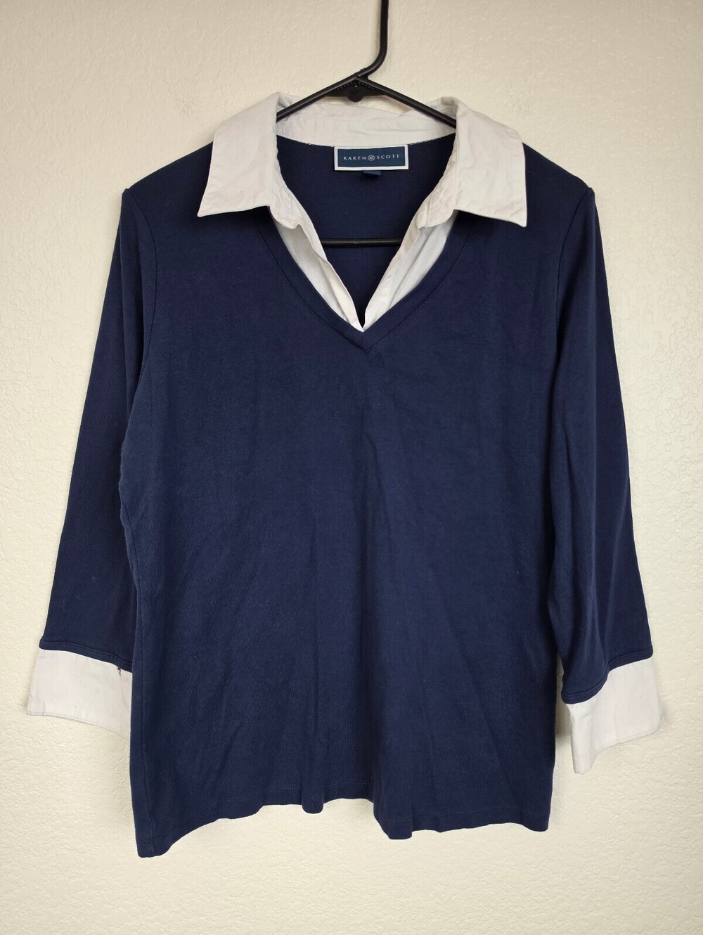 Karen Scott Navy Blue White Cotton Sweater Collar Cuffs